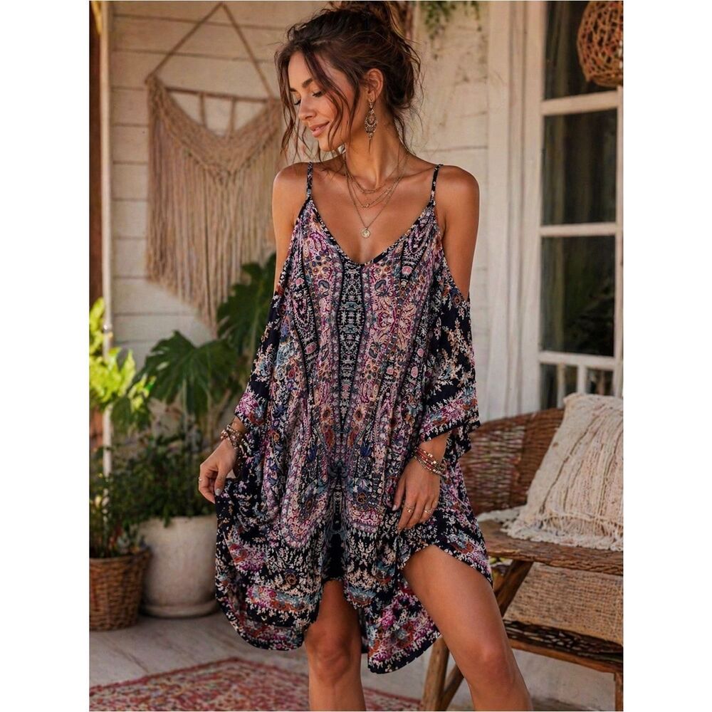SHEIN Black Floral Boho Cold-Shoulder Mini Dress